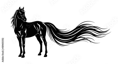 Black silhouette of a horse with a flowing mane and tail, symbolizing the Chinese New Year of the Fire Horse, against a clean white background.