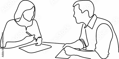 A simple line drawing depicts a man and woman in conversation