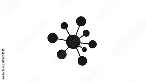 Black molecular structure icon with connected spheres on white background symbolizing network and connections