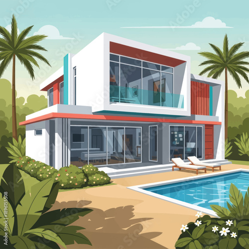 Modern contemporary villa with glass walls and poolside terrace by palm trees.