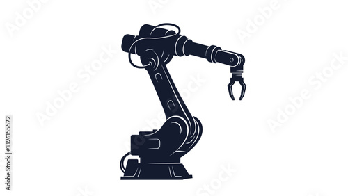 Industrial robotic arm with claw in dark blue silhouette against white background for manufacturing and automation concepts