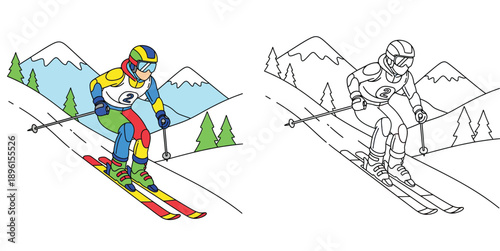 Skier Coloring Page Vector Illustration. Winter Sport Cartoon Character Skiing Downhill on Snowy Mountain. Color and Black White Outline for Kids Coloring Book Activity.
