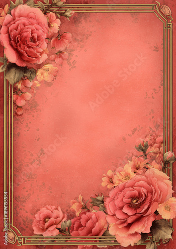 Festive Chinese New Year Vintage Rose Frame with Soft Pastel Red Floral Design
