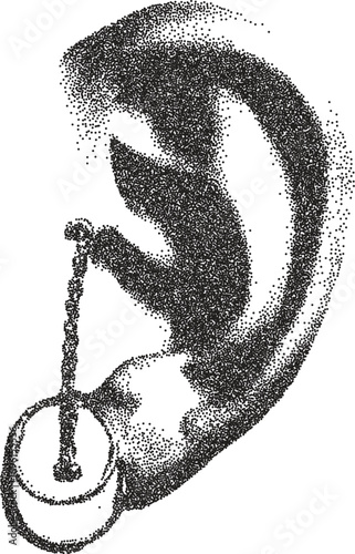 Ear vintage y2k stipple art, listen halftone stipple brutalist retro vector png with transparent background, sound 2000s aesthetic photocopy effect tattoo