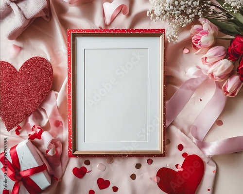 a well lit photo mockup of an 8x10 red and gold glitter frame blank white inside frame takes up most of the photo flat lay pink and red valentines colored decorations valentines theme wit