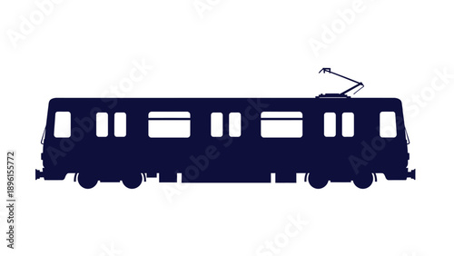 Dark blue silhouette of a modern tram or trolley on white background urban transportation concept