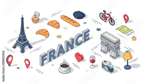 France icons collection with eiffel tower, croissant, and bicycle