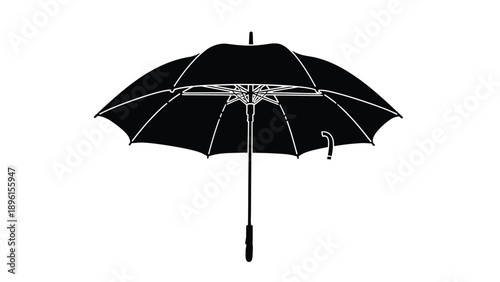 Black opened umbrella with white lines on solid white background rain protection accessory
