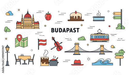 Budapest icon set: landmarks, culture, and food illustrations