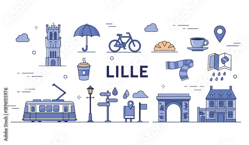 Lille city icons: tram, landmarks, coffee, bike, and more in minimalist style