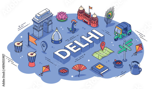 Colorful delhi illustration with iconic landmarks and cultural symbols