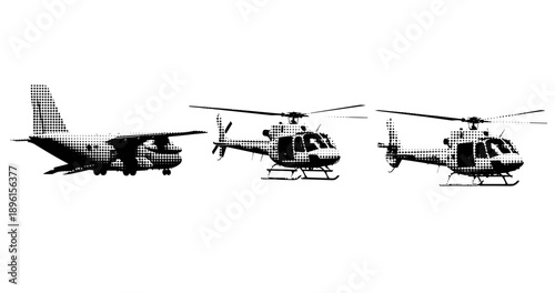Stylized black and white aircraft and helicopters illustration in halftone design