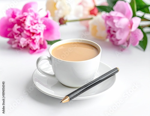 Creamy coffee, pen, & pink peonies against white background
