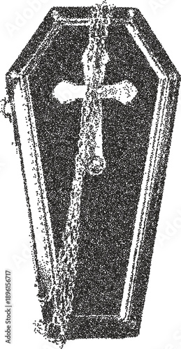 Coffin retro y2k stipple design dead halftone brutalist urban vector png with clear background, burial 2000s photocopy grunge tattoo gen z effect