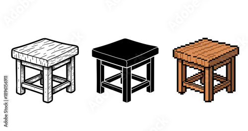 Wooden stool trio: sketch, silhouette, and pixel art styles