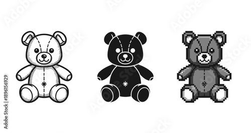 Three teddy bear designs: hand-drawn, silhouette, and pixel art styles