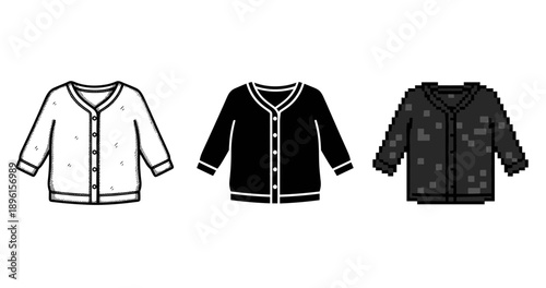 Triple style: black and white cardigan designs in vector, outline, and pixel art