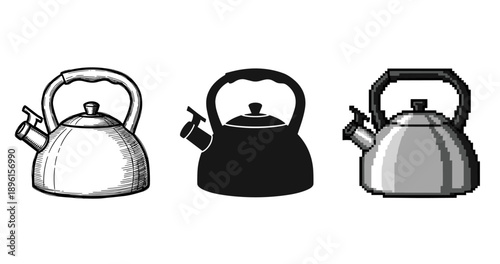 Vintage, silhouette, and pixel art teapots with diverse styles and designs