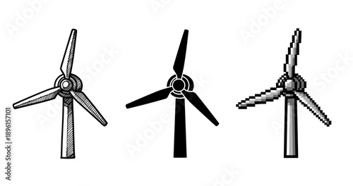 Three distinct wind turbine designs in sketched, solid, and pixel art styles