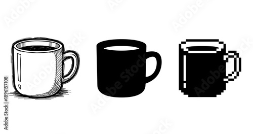 Evolution of coffee mugs: sketch, silhouette, pixel art