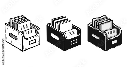 Variety of file box illustrations in different artistic styles