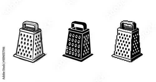 Set of three box graters: vintage, modern, and pixel art styles