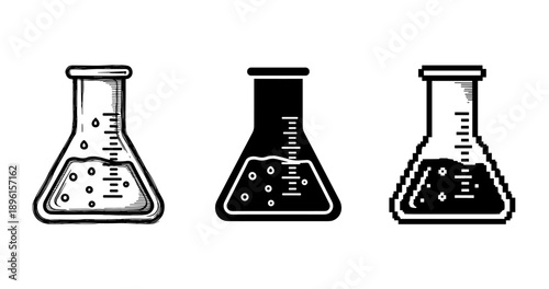 Artistic variations of laboratory flask illustrations: sketch, solid, pixel styles