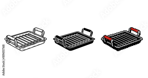Set of three grill pans in different art styles: realistic, sketch, pixel