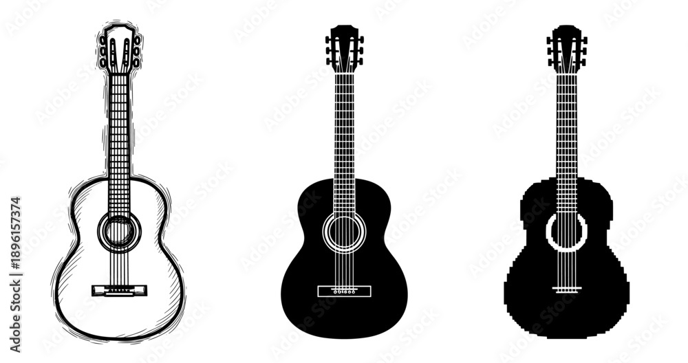 Fototapeta premium Three distinct classical guitar silhouettes: artistic, solid, pixelated designs