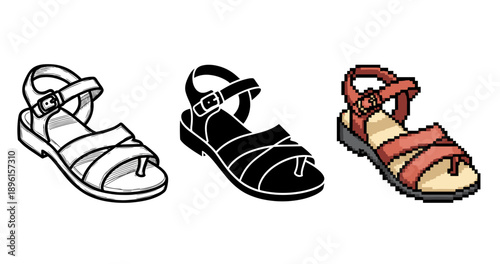 Stylized sandal designs: sketch, silhouette, pixel art versions