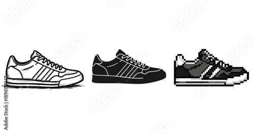 Sneaker evolution: sketch, silhouette, pixel art styles showcase
