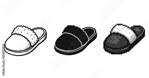 Fuzzy slippers in various styles: outline, silhouette, and pixel art representations