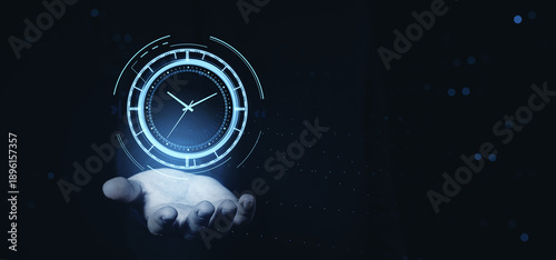 Fotografia Futuristic time management concept with digital clock above open hand on dark background representing planning and business efficiency