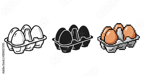 Egg carton trio: sketch, silhouette, and pixel art styles depicting eggs in cartons