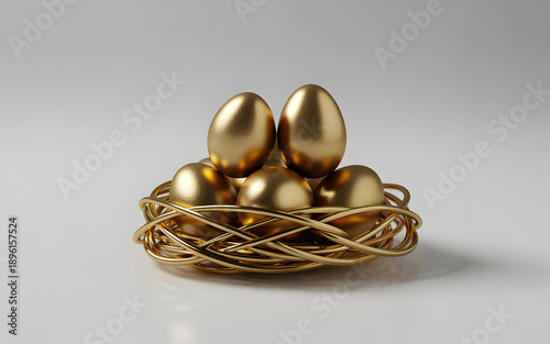 A golden nest filled with shiny gold eggs on a white surface with a gray background