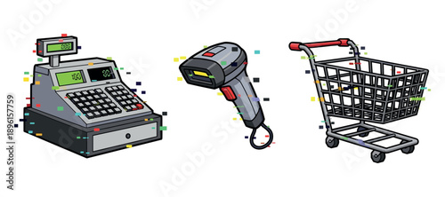 Retail essentials: cash register, barcode scanner, and shopping cart illustration. Not editable stroke