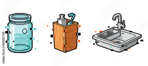 Pixel art essentials: mason jar, utensil holder, kitchen sink. Not editable stroke