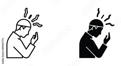 Man Praying with Headband, Black and White Illustration, Spiritual Meditation