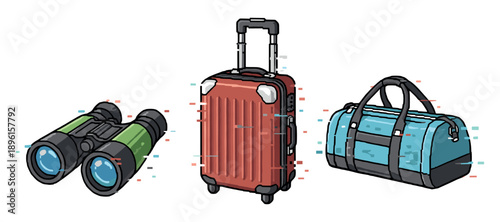 Travel gear collection: binoculars, suitcase, and duffel bag illustration. Not editable stroke