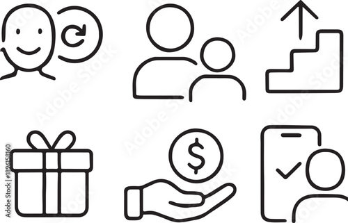 Customer Loyalty, Growth and Reward Line Icon Set with User, Gift and Financial Support Symbols