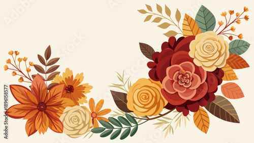 Vibrant floral celebration with cheerful garden Vibrant autumn floral bouquet with warm earthy tones Vector



