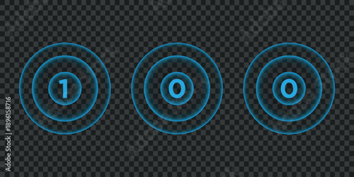 Schilderij op canvas Three abstract blue circles with glowing outlines and numbers representing sound