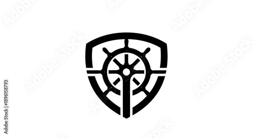 Shield with a stylized ship steering wheel