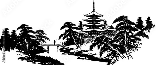Japanese Pagoda Temple Illustration Silhouette.