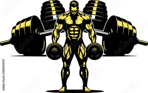 Muscular Man Lifting Heavy Dumbbells Illustration.