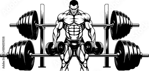 Muscular Man Lifting Heavy Weights Illustration.