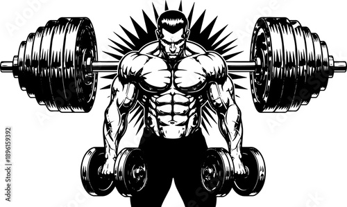 Muscular Man Lifting Heavy Weights Illustration.