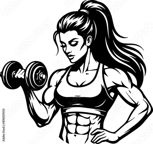 Woman Exercising with Dumbbell Black and White.