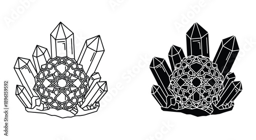 Geometric diamond cluster illustration set black white line art jewelry design vector gemstone pattern luxury minimalist aesthetic