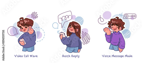 Mobile Communication Character Action Set showing people using smartphones. Cute flat cartoon illustrations for messaging apps, digital interaction and UI concepts.